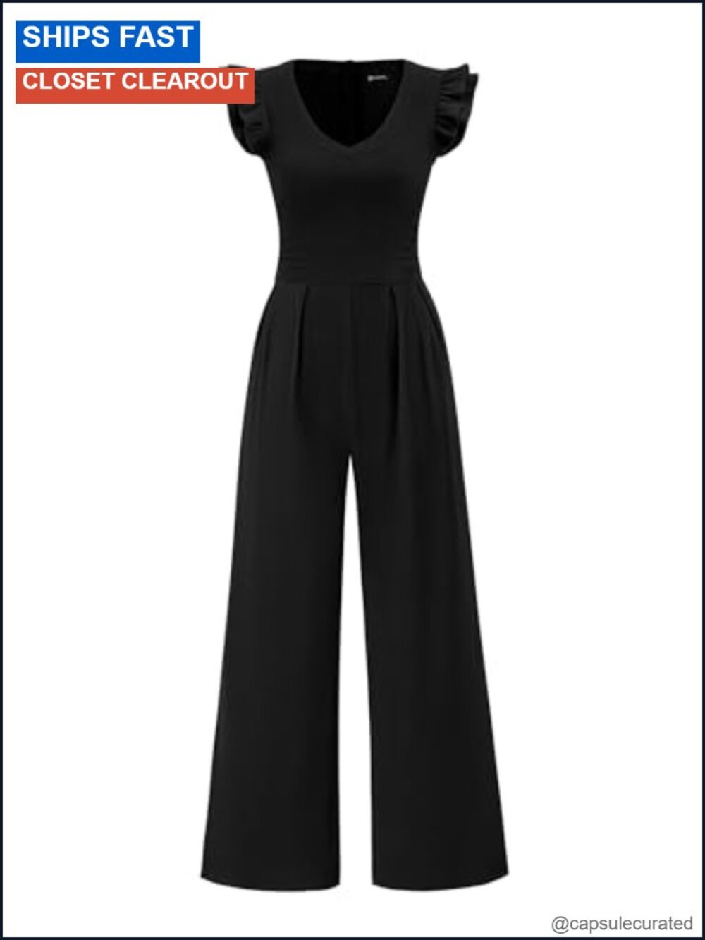 Women's Wide Leg Ruffle Cap Sleeve V Neck Knit Jumpsuit Dressy One Piece